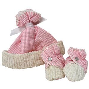 Holly Baby Designs Pink Gingham Knit Hat & Booties Set With Ribbon Bow
